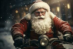 Santa Claus driving red sports car on Christmas day's, delivering presents.. AI Generated photo