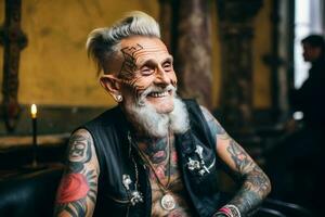 smiling old tattooed fashion man with bold hair smoking a cigarette in a church. AI Generated photo