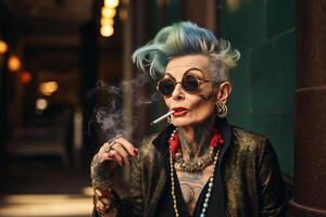 sonriente antiguo tatuado Moda mujer con negrita pelo de fumar un cigarrillo. ai generado foto