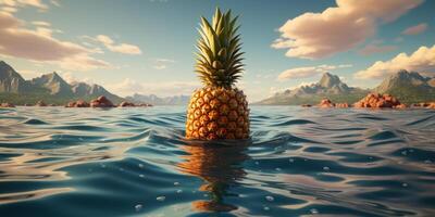 the pineapple is sitting on top of an ocean . photo