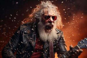 Waist up portrait of cool rock Santa roaring over red background with snow falling. AI Generated photo