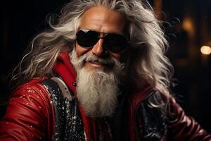 Waist up portrait of funky Santa wearing sunglasses and smiling at camera. AI Generated photo