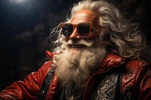 cintura arriba retrato de miedoso Papa Noel vistiendo Gafas de sol y sonriente a cámara. ai generado foto