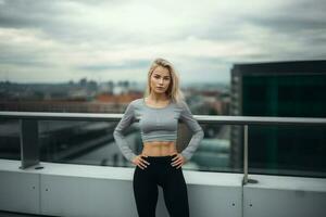 Young blonde sportswoman wearing sportswear with hands on stomach at the city. AI Generated photo