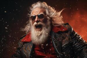 Waist up portrait of cool rock Santa roaring over red background with snow falling. photo