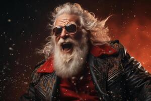 Waist up portrait of cool rock Santa roaring over red background with snow falling. AI Generated photo