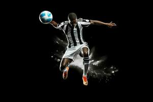 soccer player in mid air kicking ball on a black background . AI Generated photo