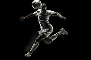 soccer player in mid air kicking ball on a black background . AI Generated photo