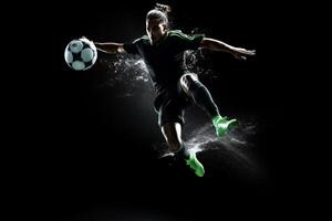 soccer player in mid air kicking ball on a black background . photo