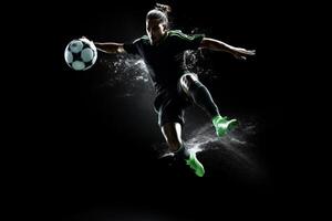 soccer player in mid air kicking ball on a black background . AI Generated photo