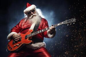 un persona vestido como Papa Noel claus obras de teatro eléctrico guitarra. ai generado foto