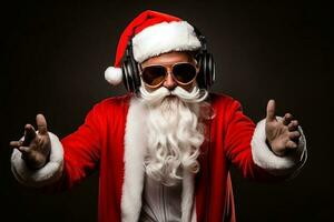 miedoso loco Papa Noel claus DJ auriculares canta canción sonido melodía escucha música en negro antecedentes. ai generado foto