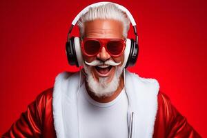 Funky crazy Santa Claus dj headset sing song sound melody listen music on red background. AI Generated photo