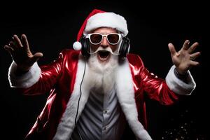 Funky crazy Santa Claus dj headset sing song sound melody listen music on black background. AI Generated photo