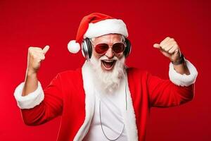 Funky crazy Santa Claus dj headset sing song sound melody listen music on red background. AI Generated photo