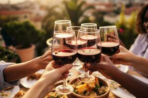 Group of young people hands toasting red wine at rooftop party. AI Generated photo