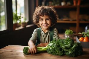 Happy child looking at box full of vegetables on kitchen table. AI Generated photo