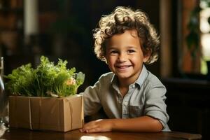 Happy child looking at box full of vegetables on kitchen table. AI Generated photo