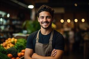 Happy male store owner at cafe or grocery with arms. AI Generated photo