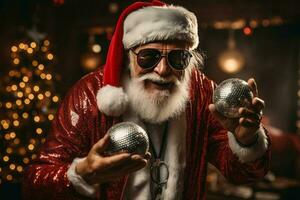 old man grey beard hold vintage disco ball dance funky wear santa x-mas costume. AI Generated photo