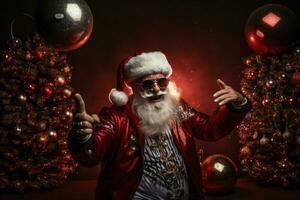 old man grey beard hold vintage disco ball dance funky wear santa x-mas costume. AI Generated photo