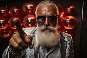 old man grey beard hold vintage disco ball dance funky wear santa x-mas costume. AI Generated photo