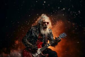 Waist up portrait of cool rock Santa roaring over red background with snow falling. AI Generated photo