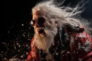 Waist up portrait of cool rock Santa roaring over red background with snow falling. photo