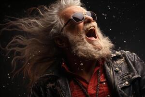 Waist up portrait of cool rock Santa roaring over red background with snow falling. AI Generated photo