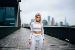 Young blonde sportswoman wearing sportswear with hands on stomach at the city. AI Generated photo