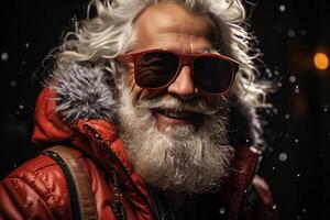 Waist up portrait of funky Santa wearing sunglasses and smiling at camera. photo