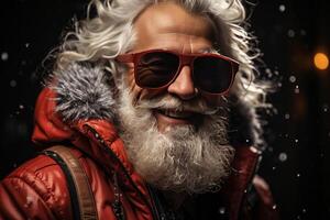 Waist up portrait of funky Santa wearing sunglasses and smiling at camera. AI Generated photo