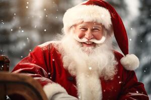 a happy and cheerful Santa Claus standing by a sleighs in North Pole.. AI Generated photo