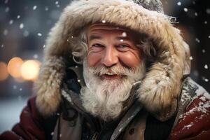 a happy and cheerful Santa Claus standing by a sleighs in North Pole.. AI Generated photo