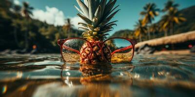 pineapple wearing sunglasses in a tree on the shore. AI Generated photo