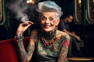 smiling old tattooed fashion woman with bold hair smoking a cigarette. AI Generated photo