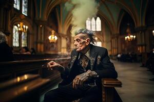 smiling old tattooed fashion man with bold hair smoking a cigarette in a church. AI Generated photo