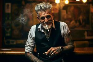 smiling old tattooed fashion man with bold hair smoking a cigarette in a church. AI Generated photo