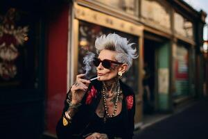 smiling old tattooed fashion woman with bold hair smoking a cigarette. AI Generated photo