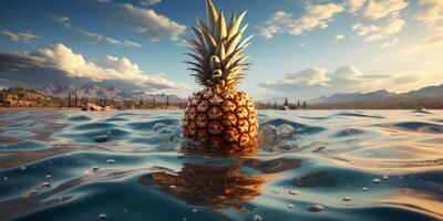 the pineapple is sitting on top of an ocean . photo