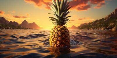 the pineapple is sitting on top of an ocean . AI Generated photo