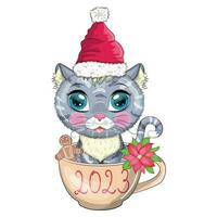lindo gato de dibujos animados en un sombrero de santa en una taza con galletas y una inscripción. invierno 2023, navidad y nuevo chino vector