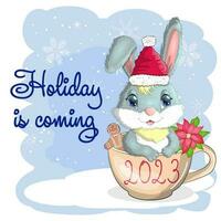 Cute cartoon rabbit in a Santa hat on a background of snow. Winter 2023, Christmas and New Year vector