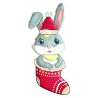 A cute cartoon rabbit in a Santa hat is sitting in a Christmas stocking. Winter 2023, Christmas and New Year vector