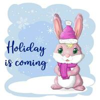 Cute cartoon rabbit in a Santa hat on a background of snow. Winter 2023, Christmas and New Year vector