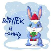 Cute cartoon rabbit in a Santa hat on a background of snow. Winter 2023, Christmas and New Year vector