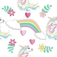 sin costura modelo con linda unicornios, nubes, arcoiris y estrellas. magia antecedentes con pequeño unicornios vector