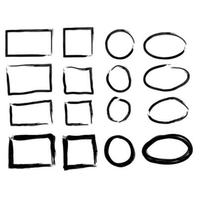 Black circle and square frames. Brush strokes. design elements set