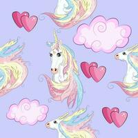 Seamless pattern with cute unicorns, clouds,rainbow and stars. Magic background with little unicorns vector