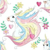 Seamless pattern with cute unicorns, clouds,rainbow and stars. Magic background with little unicorns vector